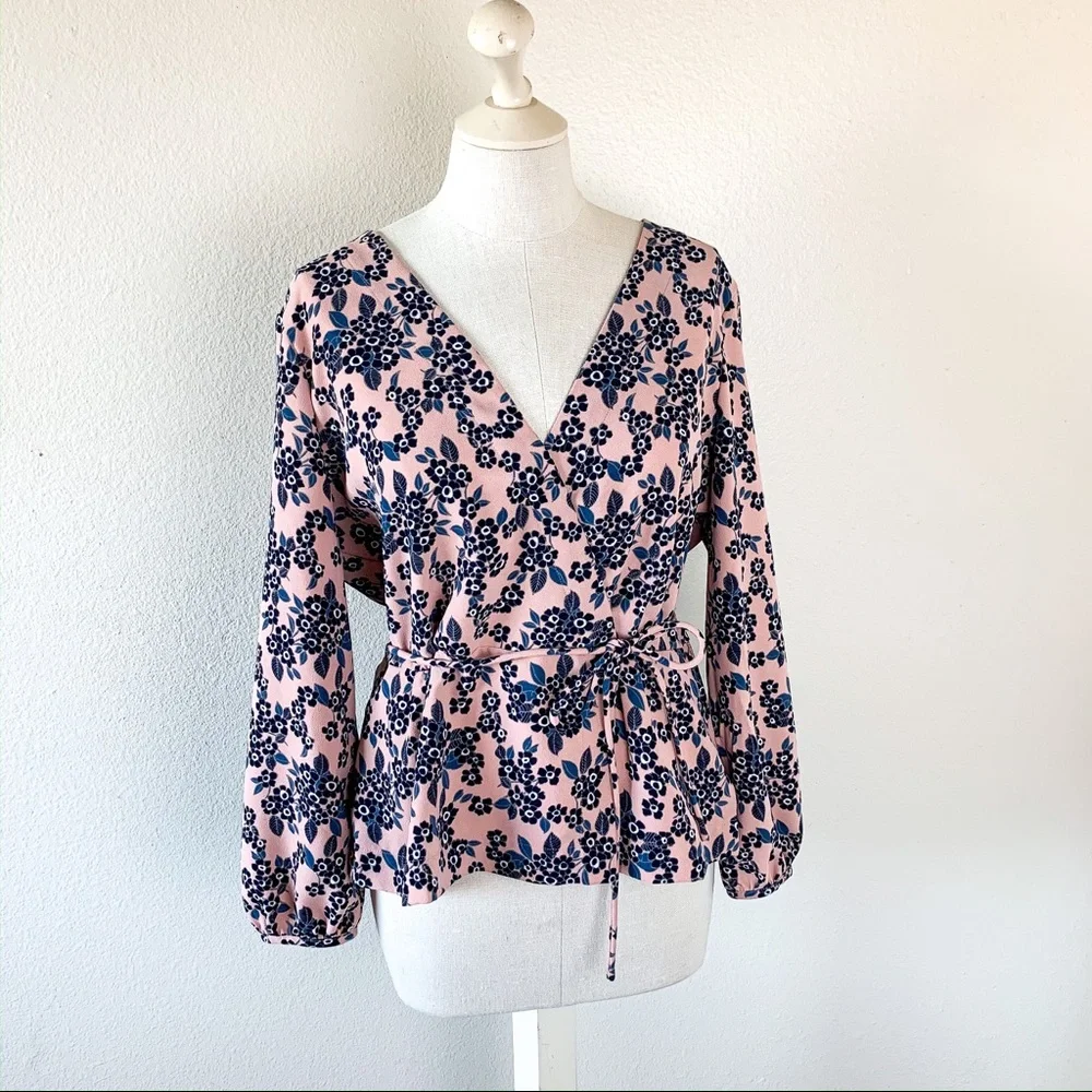 J. Crew Pink Floral V-Neck Faux Wrap Blouse